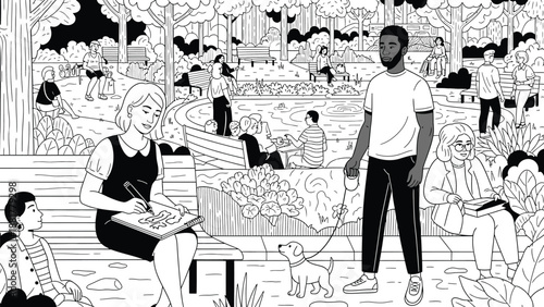 Diverse individuals enjoy a peaceful day in a vibrant park setting with various activities