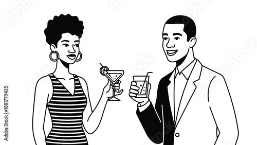 A stylish couple clinks glasses in a toast celebrating a special occasion together