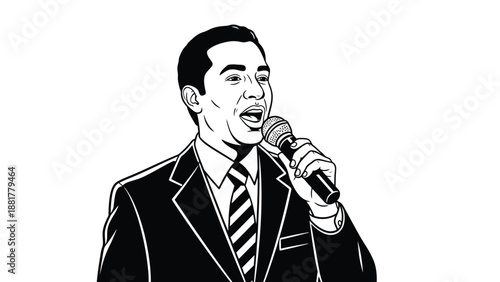 Dynamic portrait of a man in a suit confidently speaking into a microphone with expressive lines