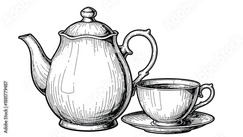 Classic still life drawing of a tea set with a teapot and teacup on a saucer