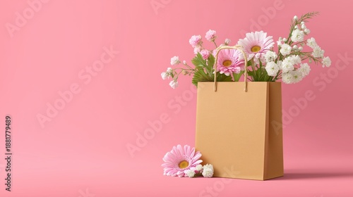 A brown paper bag with flowers in it is on a pink background