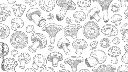 Detailed Hand Drawn Sketch Pattern of Assorted Wild Mushrooms and Fungi Rendered in Black and