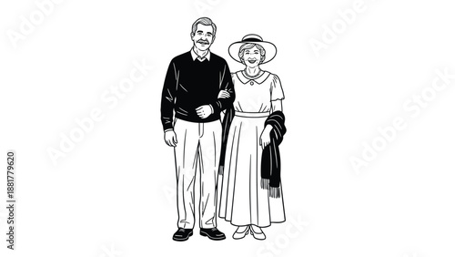 Elegant elderly couple dressed in classic attire standing arm in arm with poise and grace
