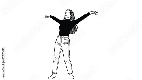 Stylized illustration of a woman in jeans and a black top with arms outstretched