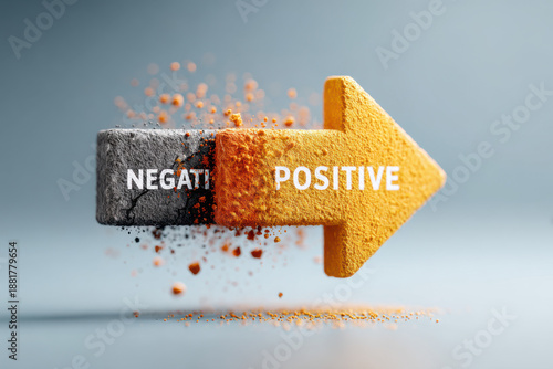 3D illustration of two stone arrows, one orange and one black, pointing in opposite directions. Labels 