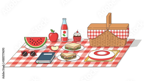 Colorful picnic setup with food and drink on red checkered blanket outdoors