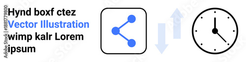 Time management, digital sharing, workflow tools, productivity, scheduling, and teamwork. A clock beside a share icon with arrows indicating efficiency and connectivity. Time management and digital