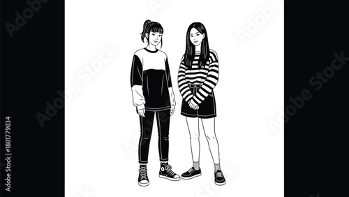 Diverse fashion styles portrayed by two young women in a minimalist black and white illustration