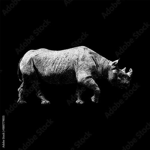 Hand-drawn rhinoceros vector illustration in a detailed black and white style, featuring strong textures and a bold silhouette. 