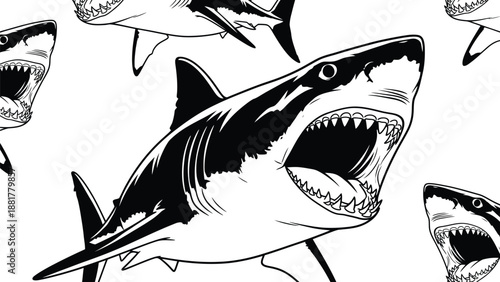 Intense Black and White Illustrations of Great White Sharks with Open Jaws and Sharp Teeth