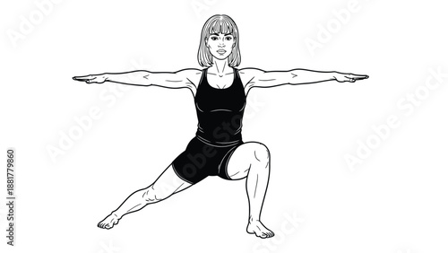 Dynamic warrior pose illustration capturing athletic strength and feminine grace in monochrome