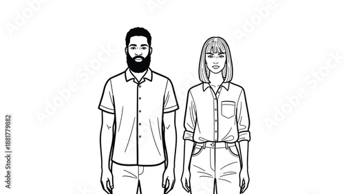 Stylish illustrated man and woman stand side-by-side in a minimalist black and white graphic