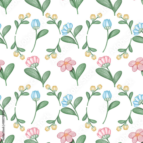 Seamless pattern  Flower watercolor spring floral set. Hand drawn pastel  flower, leaf, Cute nature. 