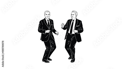 Two formally dressed businessmen dancing joyfully against a stark white background celebrating