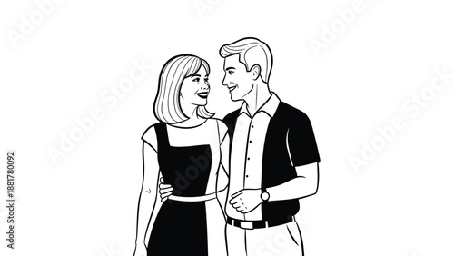 Vintage couple in embrace looking at each other with smiles on their faces illustration