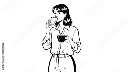 Stylized drawing of a woman enjoying a simple breakfast with toast and coffee