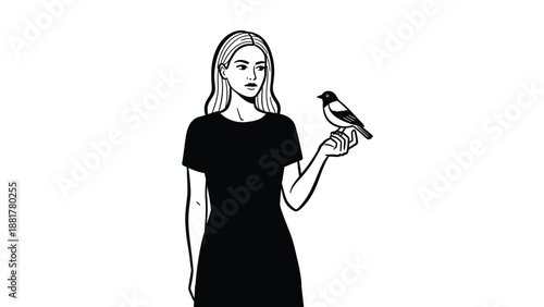 Minimalist line art of a thoughtful woman in a black dress with a small bird perched on her finger