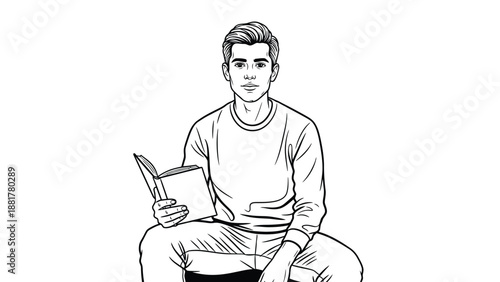 Artistic sketch of a young man engrossed in reading a book with a thoughtful expression on his face