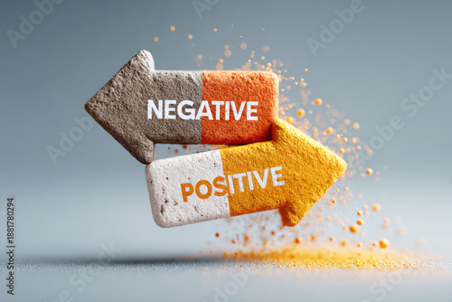 3D illustration of two stone arrows, one orange and one black, pointing in opposite directions. Labels 