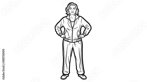 Stylized outline illustration of a woman in athletic tracksuit with hands on hips exuding confidence