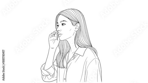 Minimalist line drawing of a woman touching her lips with a thoughtful expression