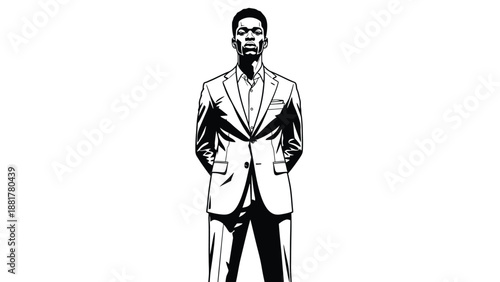 Stylized monochrome illustration of a man in a suit with his hands behind his back