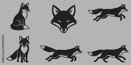 Red Fox Silhouette and Head Logo Set, Wild Forest Fox Vector Illustrations in Running and Sitting Poses