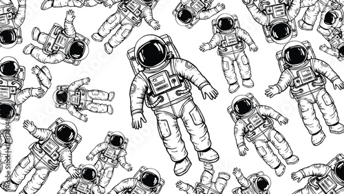 Collection of stylized hand-drawn astronauts in various floating poses on a white background