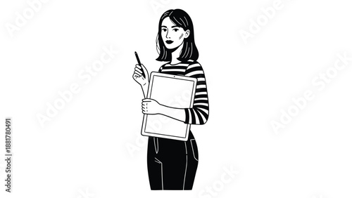 Stylish female artist holding a digital tablet and stylus in a modern graphic illustration style