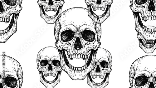 Intricate black and white illustration of multiple skulls with detailed bone structure and