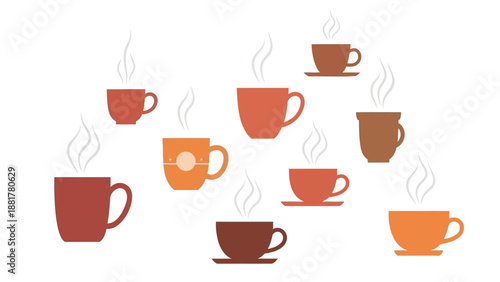 Steaming coffee cups in various shades of brown and orange arranged in a circle on white background