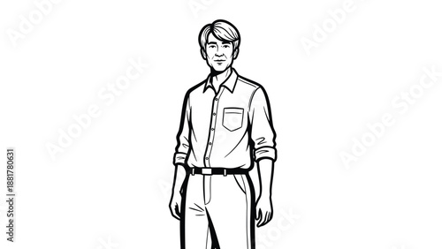 Stylized Outline Illustration of an Asian Man Wearing a Collared Shirt and Trousers
