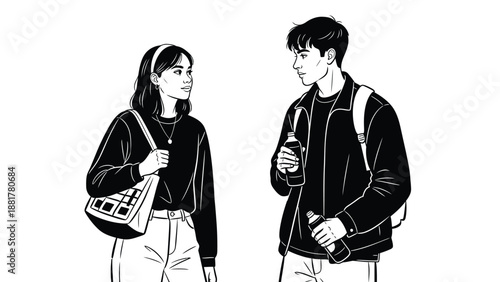Young couple in casual attire holding beverages and looking at each other with anticipation