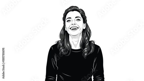 A Joyful Black And White Portrait Illustration of a Woman Laughing