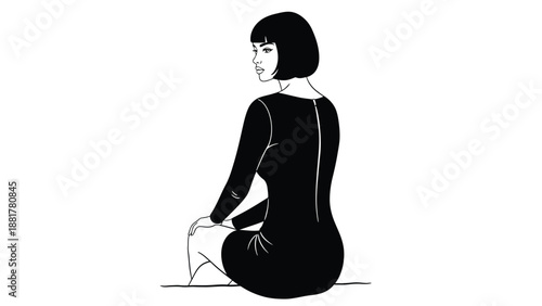 Minimalist black and white illustration of a woman with bob haircut sitting gracefully