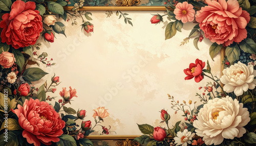 Rich Golden Frame Overflowing with Deep Red and Cream Peonies, Roses, Green Leaves, and Subtle Floral Background - Text Area