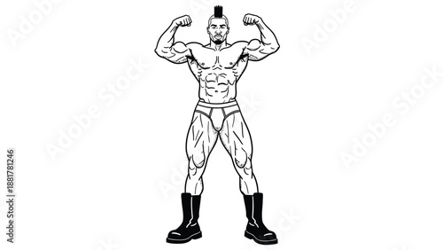Muscular Man Flexing Biceps with Punk Mohawk and Boots Black and White Illustration