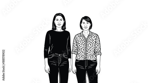 Two diverse women standing confidently against a clean white background in monochrome illustration