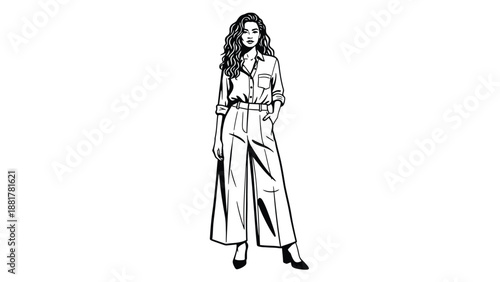 Stylish female figure illustration in wide-leg pants and button-up shirt