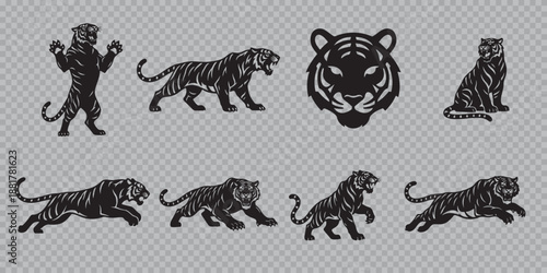 Tiger Silhouette and Head Logo Set, Bengal Tiger Vector Illustrations in Running and Jumping Poses