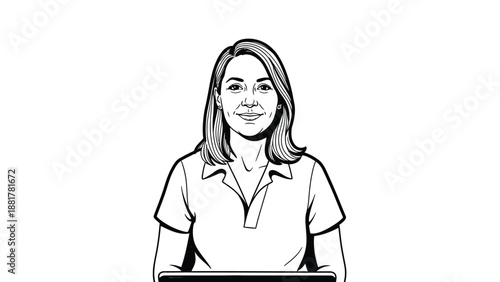 Portrait of a smiling woman in a collared shirt in a simple line art illustration style