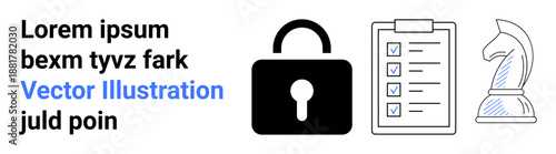 Data protection, planning, organization, strategic thinking, privacy, business solutions. Lock symbol, checklist chess knight icon. Data protection and planning concepts