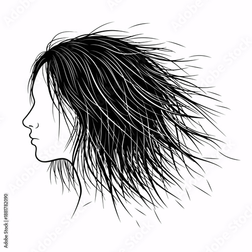 Woman's face with long hair blowing in the wind black and white vector illustration simple minimalist design
