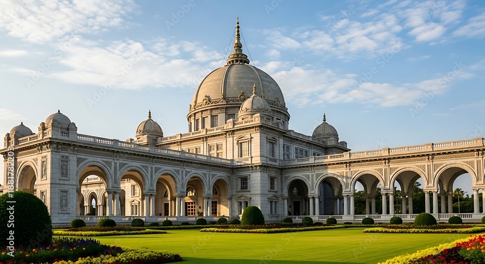 Obraz premium Grand classical edifice with a prominent dome overlooks meticulously maintained gardens under a sunny sky