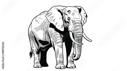 Monochromatic illustration of an African elephant with intricate line art details and tusks
