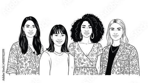 Diverse group of women in stylized line art portrait illustration of friendship and unity