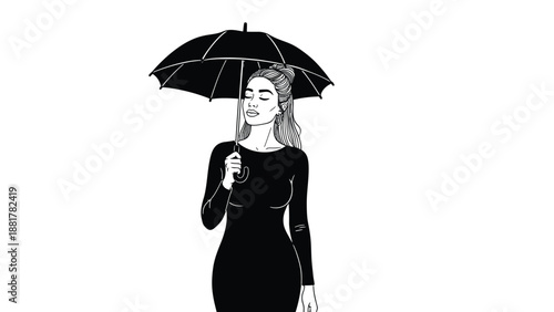 Elegant woman with umbrella in minimalist black and white illustration style