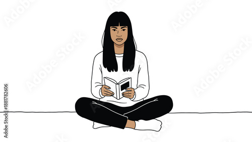 A young woman with black hair sits cross-legged reading a book in minimalist style