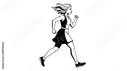 Dynamic black and white illustration of a woman in mid-stride, capturing her active pursuit