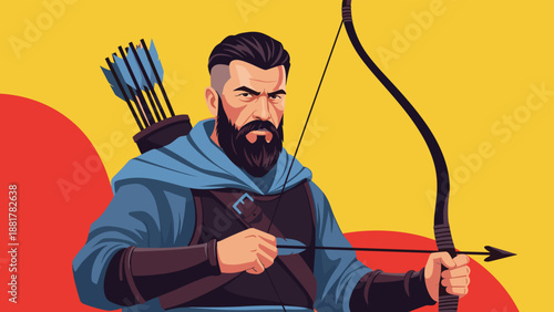 Heroic bearded archer with a determined expression holding a wooden bow and arrow, ready for battle in a vibrant and colorful vector-style portrait.